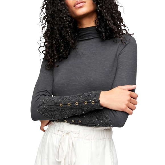 Free People Tops - FREE PEOPLE Hooked On You Mock Neck Embroided Button Cuff Long Sleeve Top